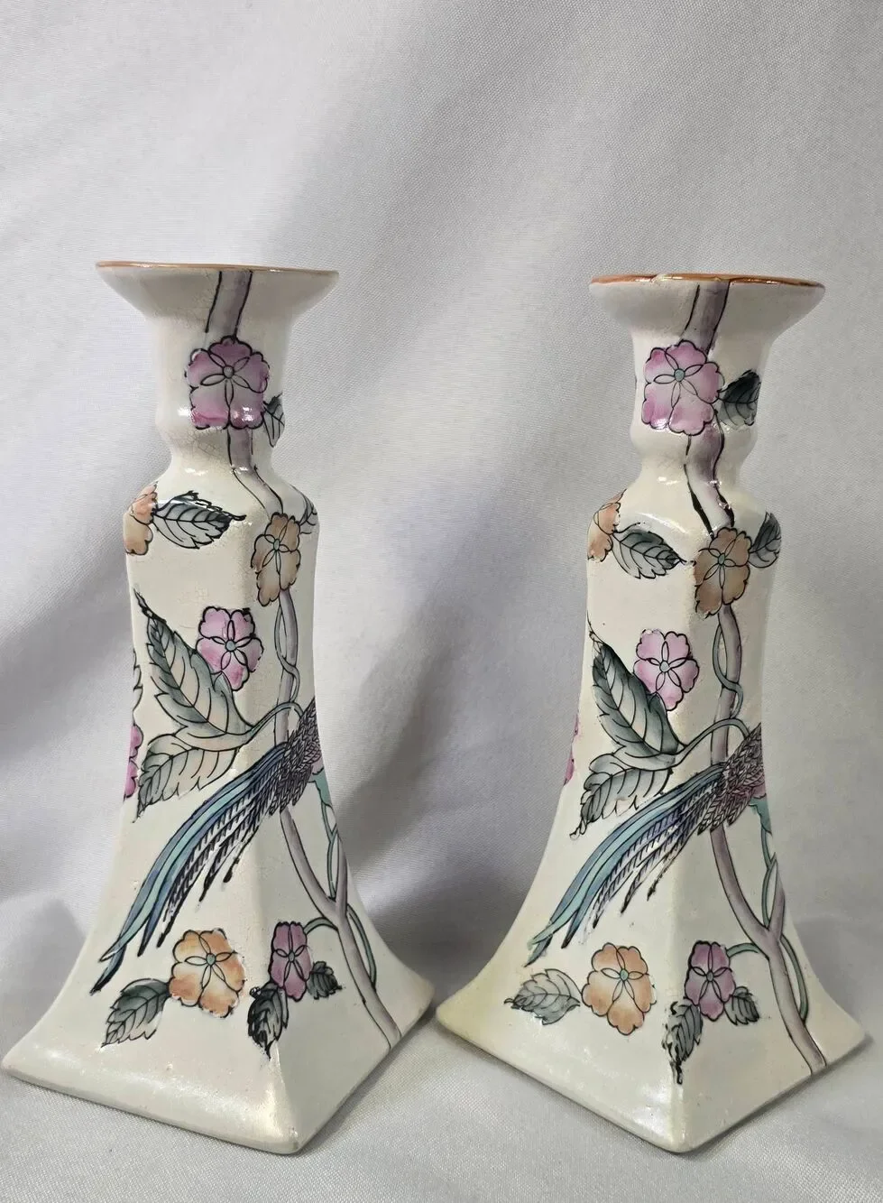 Vintage Hand-Painted Macau Porcelain Candlestick Holders - Floral Chinoiserie Pa